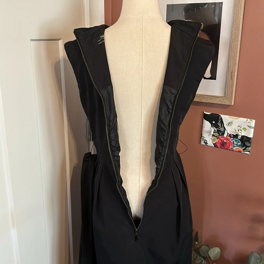 CUE made in Australia black origami faux wrap cap sleeve 6 mini pockets dress